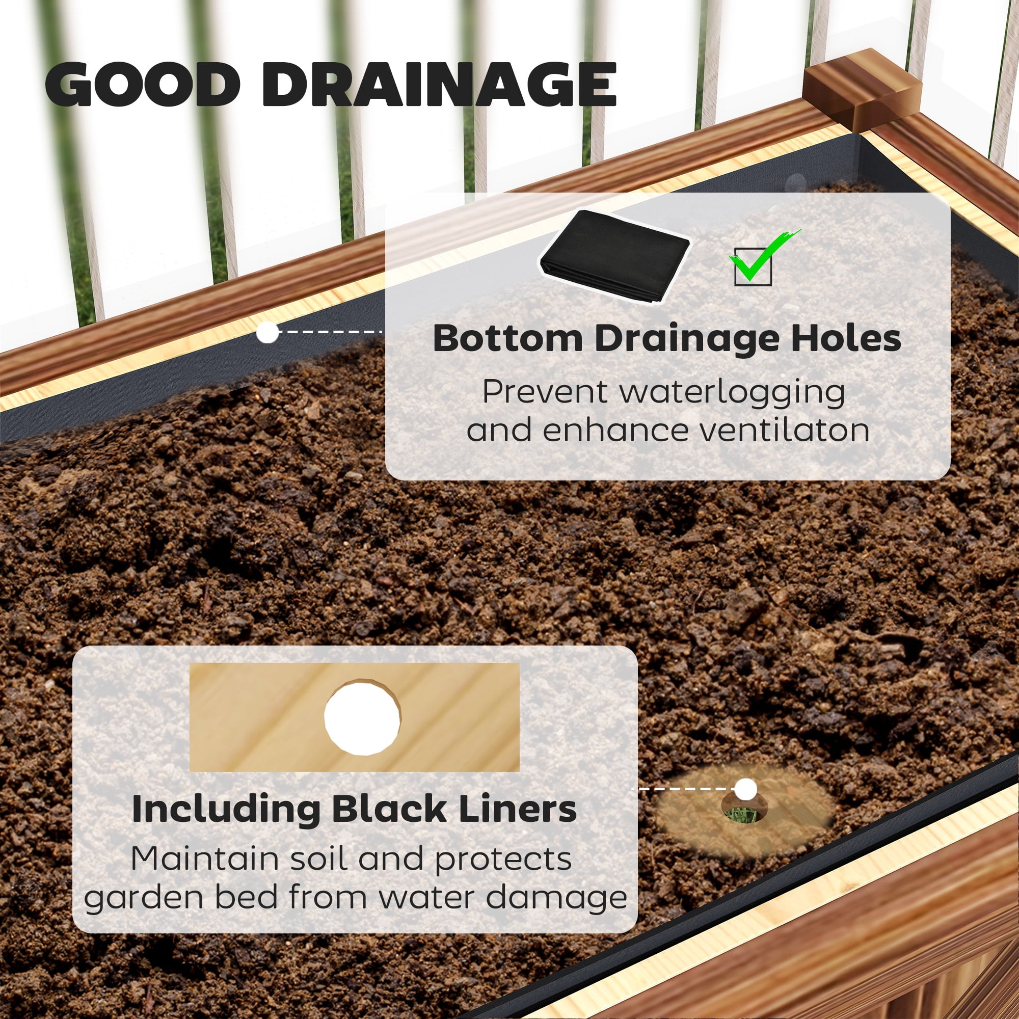 Dual-Tier Raised Garden Bed, Elevated Wood Planter Box with Storage Shelf, Drainage Holes and Liner
