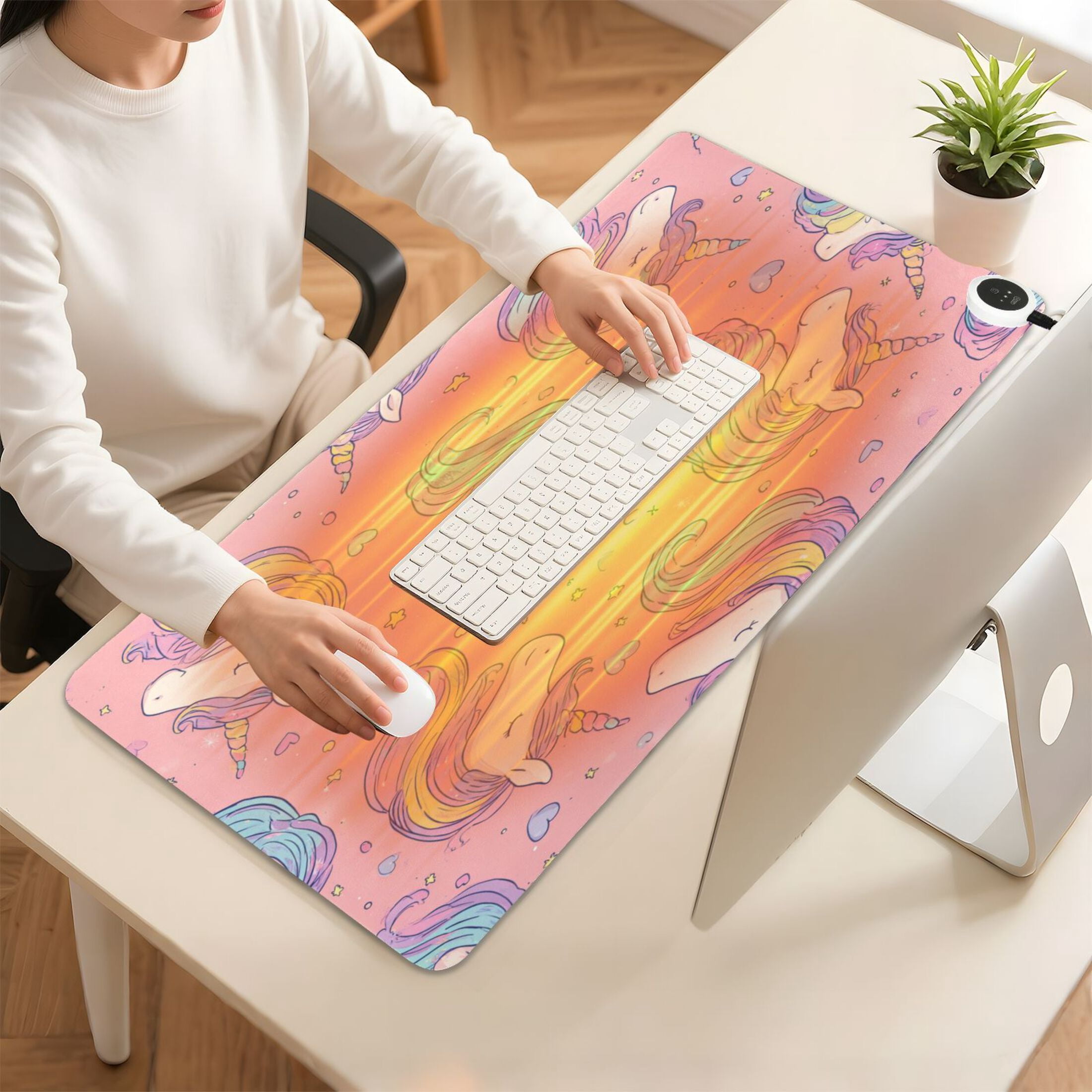 Large Heated Desk Mat Mouse Pad 31.5"x13"PU Leather Graphene Heating Desk Warmer with 3 Temperature Settings 110V US Plug Non-Slip Warm Pad for Home, Office, and Gaming Soft Pink Unicorn Illustration