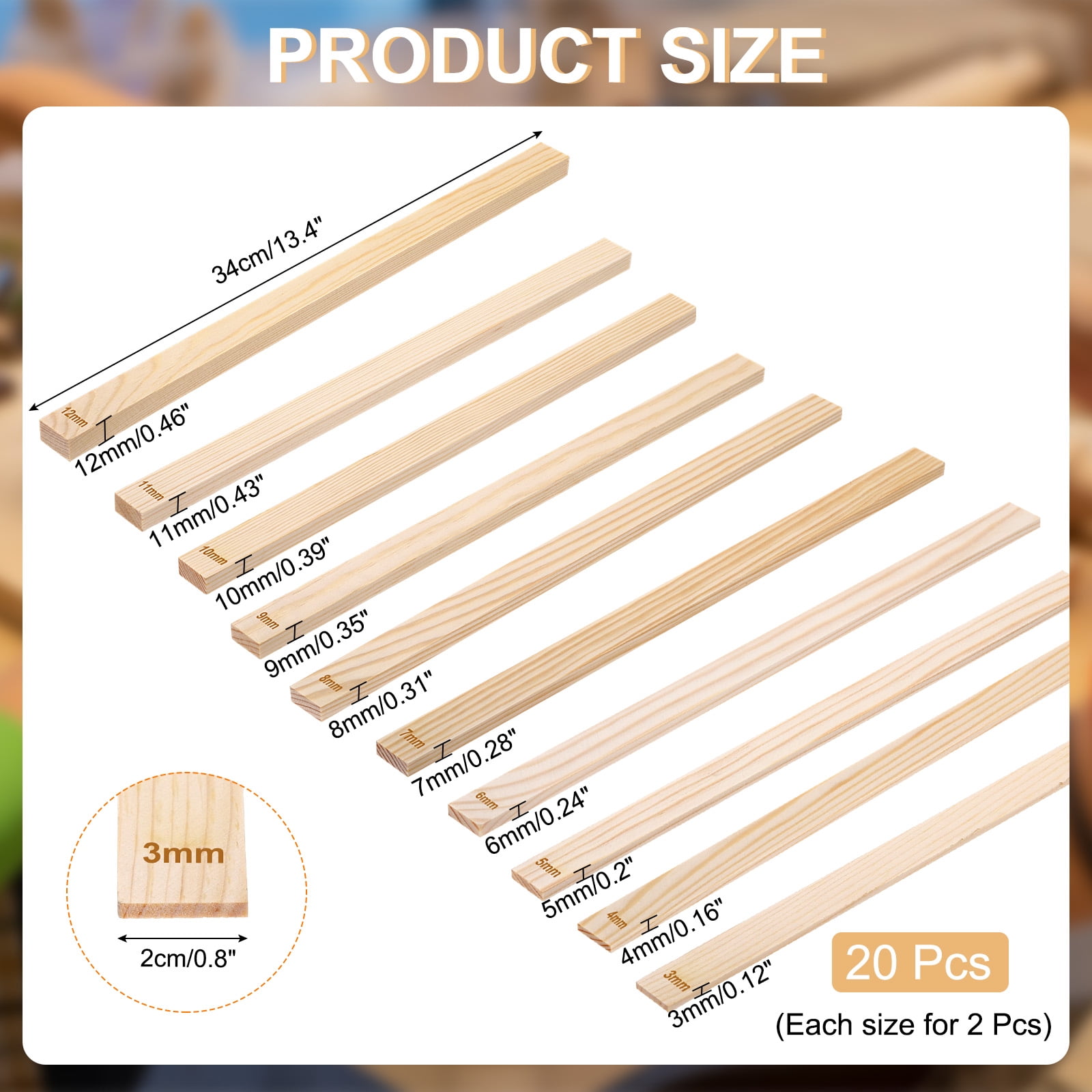 Uxcell 20Pcs Pottery Rolling Mud Stick Guide,Wood Clay Roller Pin Kit 13.4x0.8" 3 4 5 6 7 8 9 10 11 12mm(H)