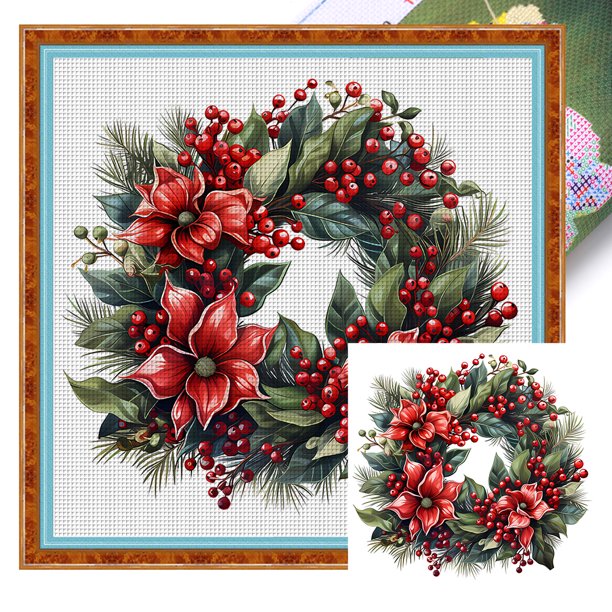 Hilo de bordar de algodón ecológico completo, 18 quilates, estampado de corona navideña, punto de cruz, 30x30cm