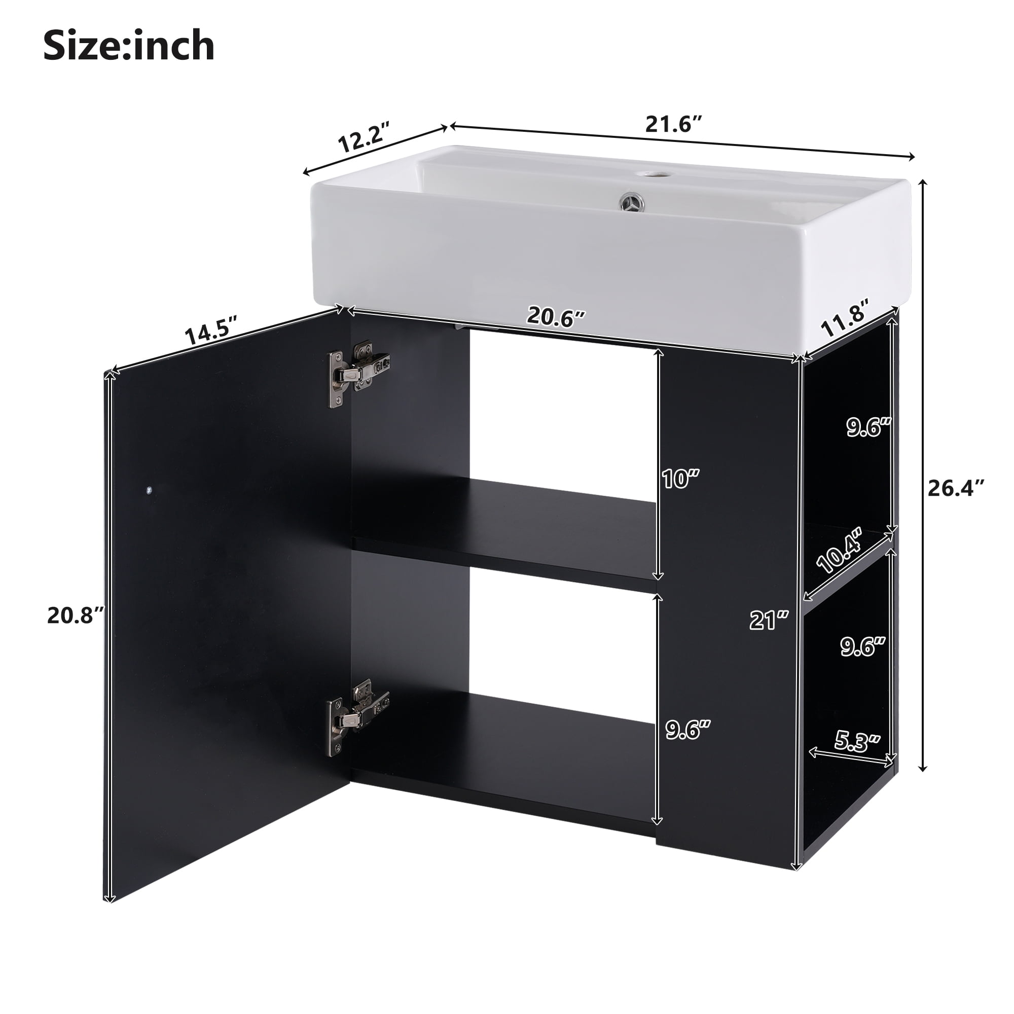 Noble House Meuble-Lavabo Flottant Moderne de 21,6 Pouces avec Bassin en Céramique pour Petites Salles de Bains, Rangement Côté Droit, Noir