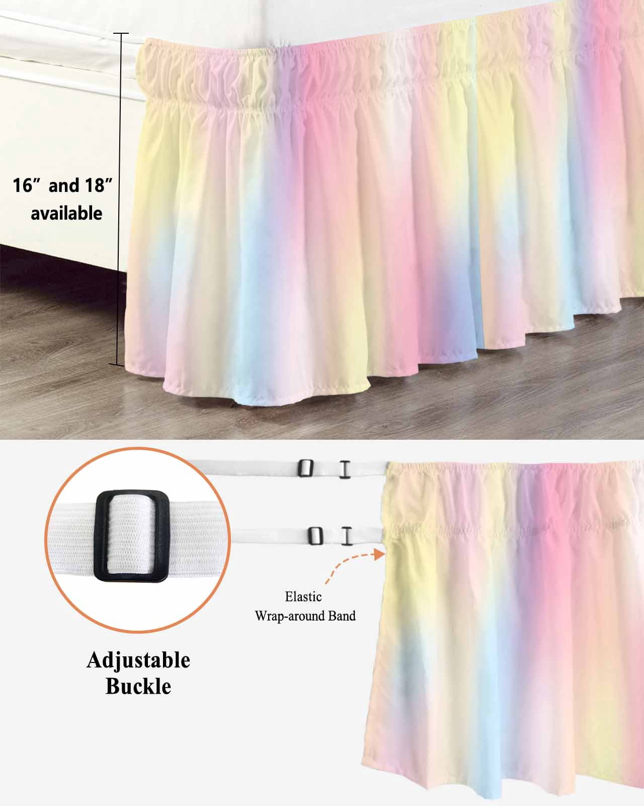 Colorful Gradient Bed Skirt Pink Yellow Abstract Bed Skirts Queen Size 16 Inch Drop, Wrap Around Dust Ruffle&nbsp;Bedskirt with Adjustable Elastic Belt for Queen Size Beds