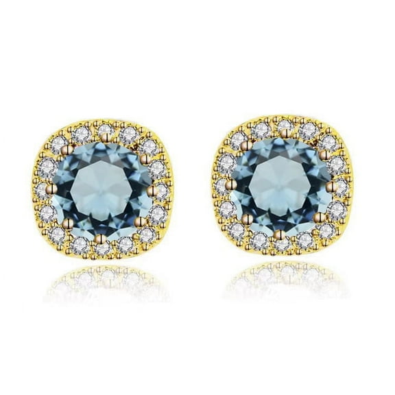 Paris Jewelry 14k Yellow Gold 0.5 Ct Round Created Blue Aquamarine Halo Stud Earrings plated