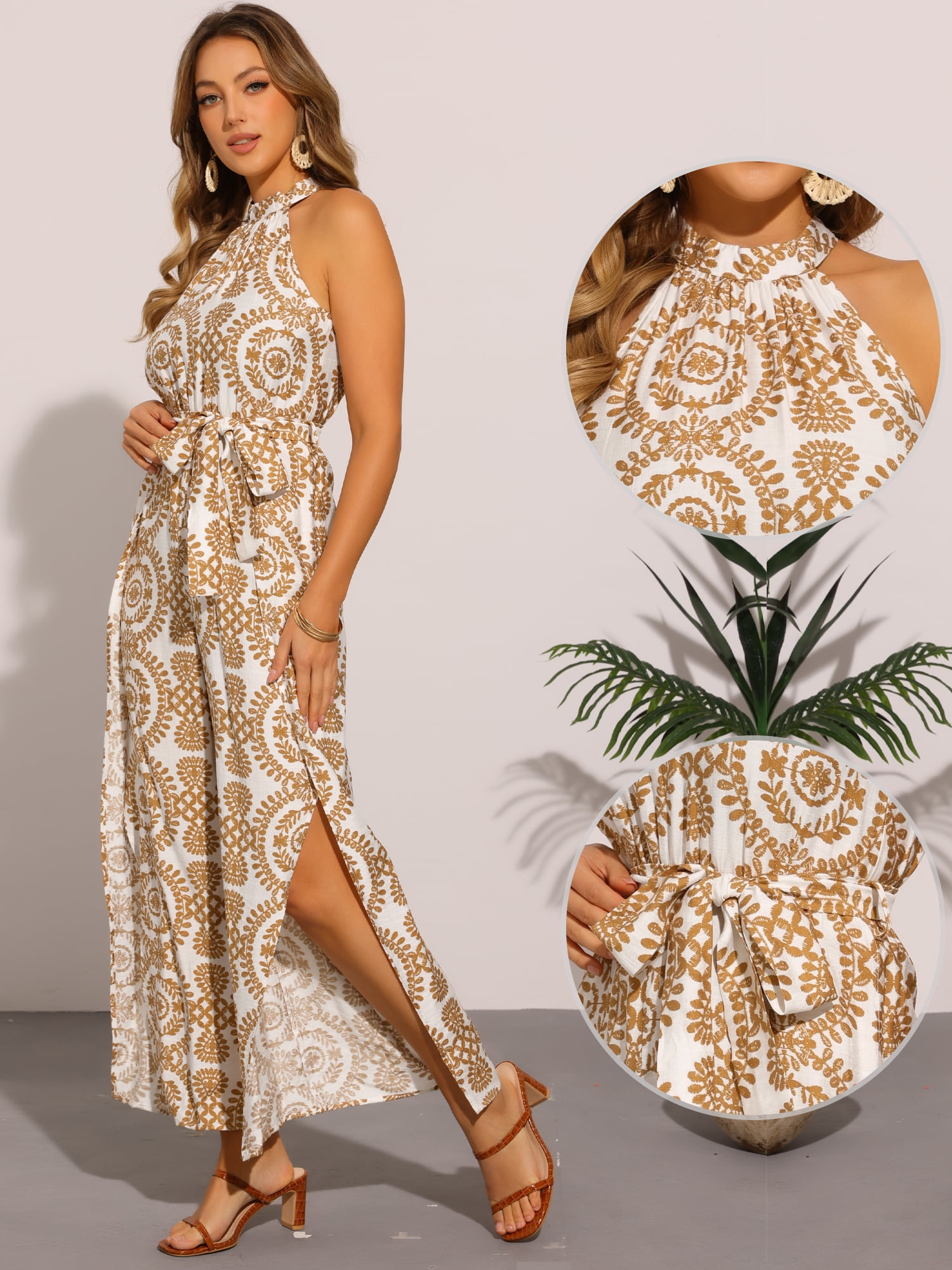 DARING DIVA Women's Casual Halter Sleeveless Boho Wide Leg Jumpsuit M Khaki