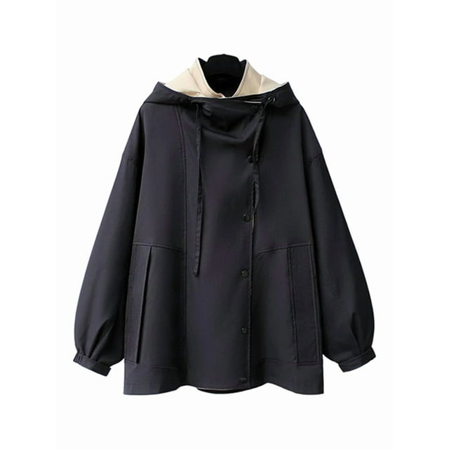 Female'S Hooded Trench Coat Lapel Button Down Jacket Color Block Mid-Length Windbreaker Black XXXL