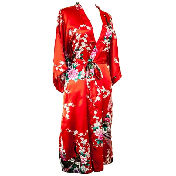 Kimono robe long 16 colors PREMIUM Peacock bridesmaid bridal shower womens gift (Red Candy)