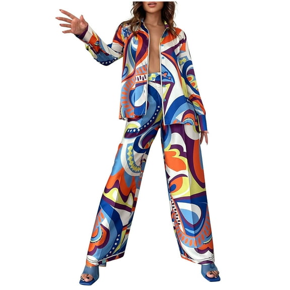 Edvintorg Set for Women Fashion Women's Print Deep V Lapel Water Ripple Print Long Sleeve Flared Mopping Trousers Suit High-End Chiffon Suit Casual Lounge Sets