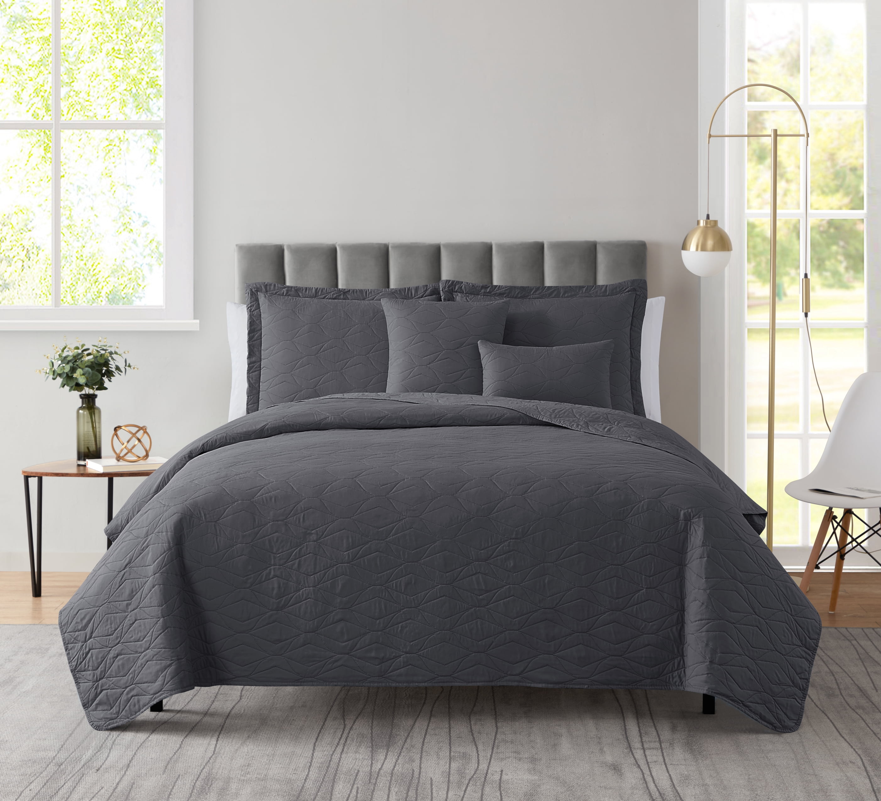Nestl 5 Piece Quilt Set with Pillow Shams and Euro Shams, Soft Microfiber Lightweight Bedspread Coverlet, Modern Style Ellipse Weave Bed Cover, Full/Queen, Gray