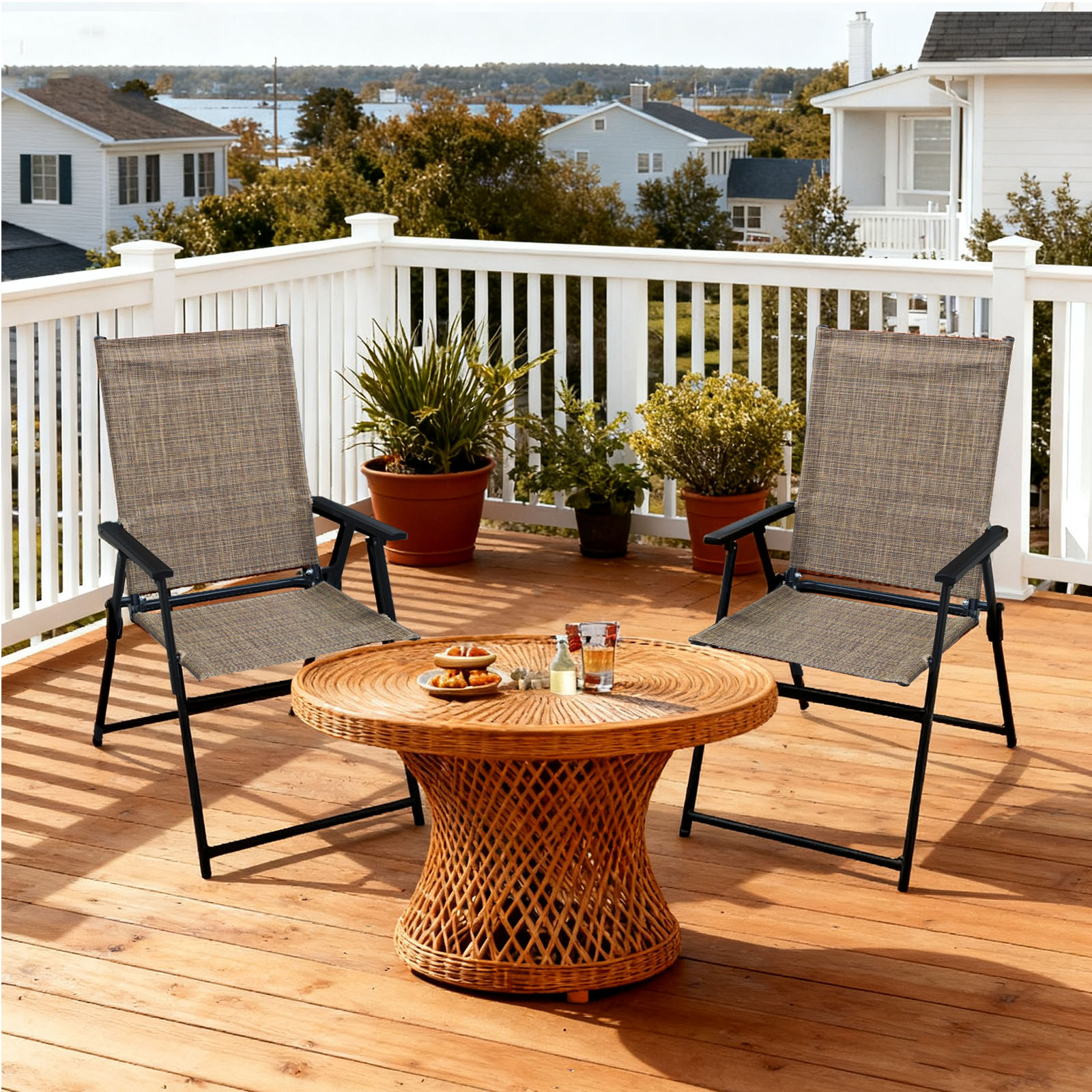 SHGJ&SOFT Set of 2 Folding Chairs，Outdoor Patio Chair with Armrests for Porch Camping Pool Beach Deck Lawn Garden (Brown, 2 PC)