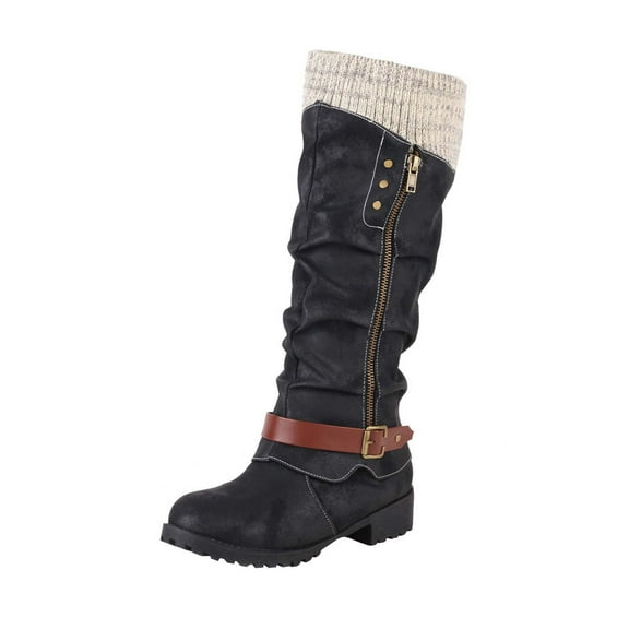 Dasayo Mid-Calf Women's Boots Slouch Black Western Faux Leather Knitted Side Zip Buckle Boots Womans Shoes 35