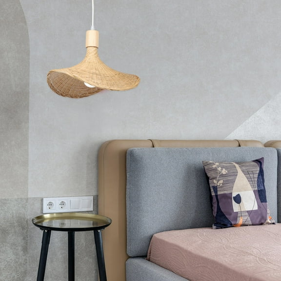 PBPBOX 1Pc Bamboo Craft Ceiling Light Straw Hat Shape Indoor Hanging Lamp Brown