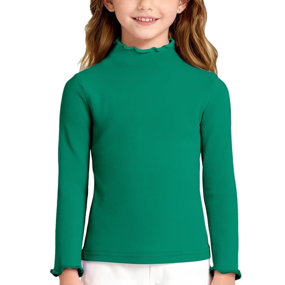 Ticikt Girls Lettuce Edge Neck Long Sleeve Slim Fit T-Shirt Tops Lightweight Knit Tee,Color:Green