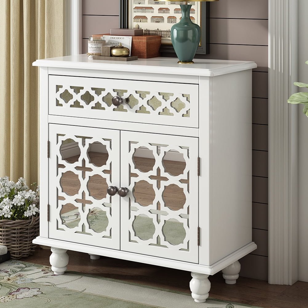 Canddidliike 29.5" Modern Accent Wooden Cabinet with Decorative Mirror Doors and Storage Drawer, for Bedroom Living Room Entryway - White