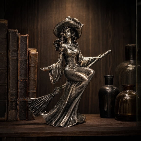 Magical Witch Resin Figurine Vintage Silver Gothic Tabletop Statue With Broom Cat Moon Pentacle Accents For Shelf TV Stand Office Indoor Halloween Home Decor.C