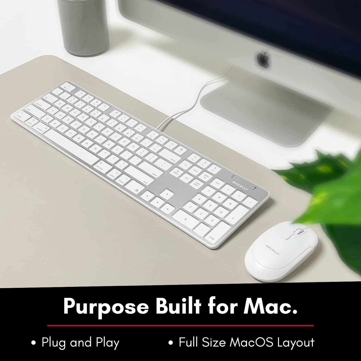 Macally Aluminum Ultra-Slim USB Wired Keyboard with Scissor Switch, 110 Shortcut Keys, LED Indicators, Silver