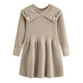 thumbnail image 4 of IVEYRTF Girls Solid Color Jacquard Knitted Dress Sweater Long Sleeve Round Neck Fall Winter Casual French Everyday Outfit for Kids 3-8 Years(Khaki,5 Years), 4 of 9