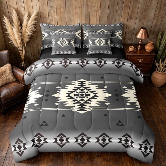 Manfei Boho Aztec Queen Bedding, Gray Black Tribal Geometric Bedding Comforter Set Queen, Black Reversible 7 Pieces