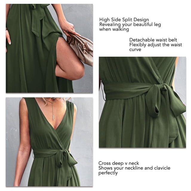 Vestido Sin Mangas, Vestido Largo Elegante Para Mujer Escote En V Profundo Abertura Lateral Cintura Alta Con Cinturón Para La Primavera Para La Playa Para El Uso Diario Higoodz Otros