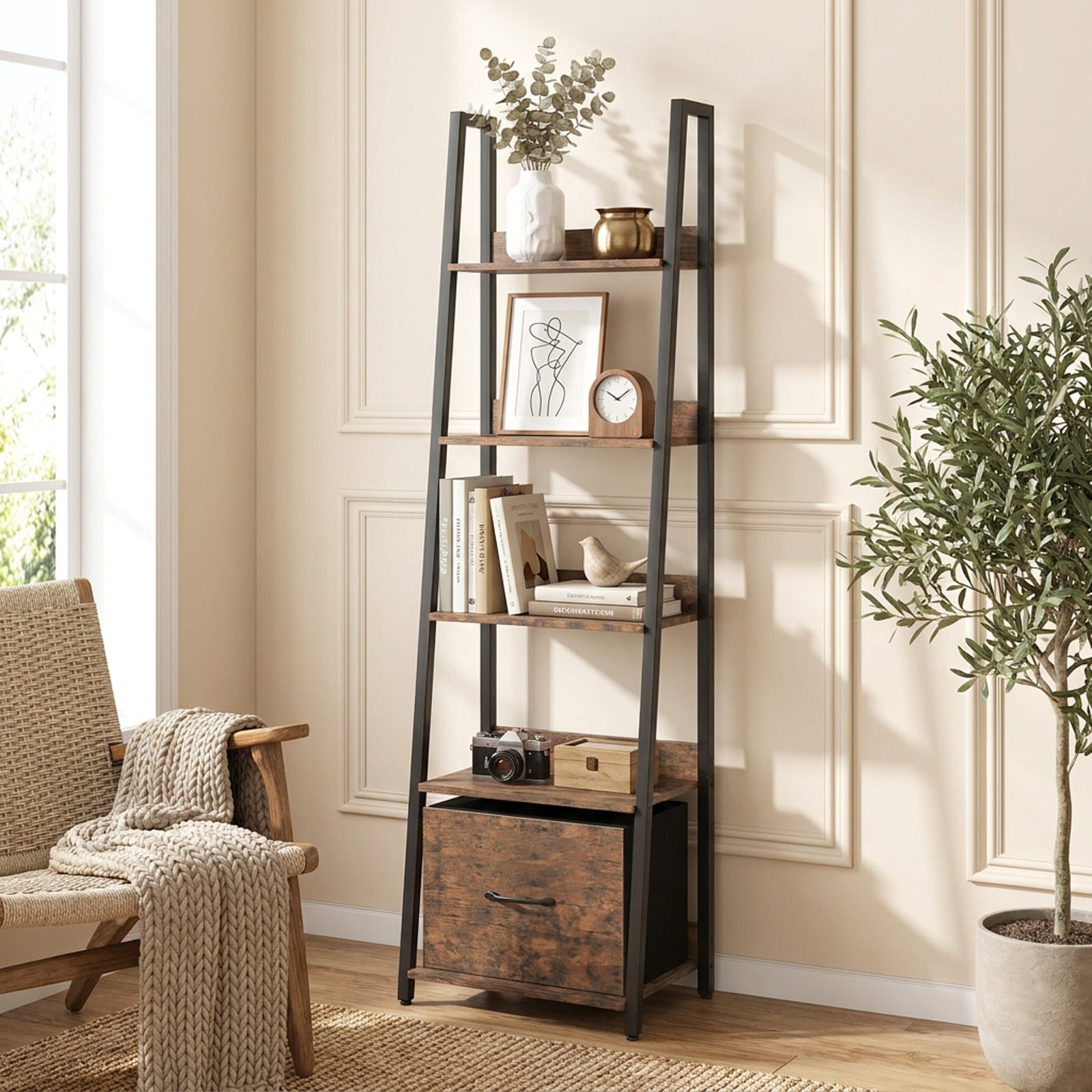 Furnibear 5-Tier Ladder Bookshelf with Fabric Drawer for Living Room and Home Office for Living Room Home Office Bedroom Display, Rustic Brown