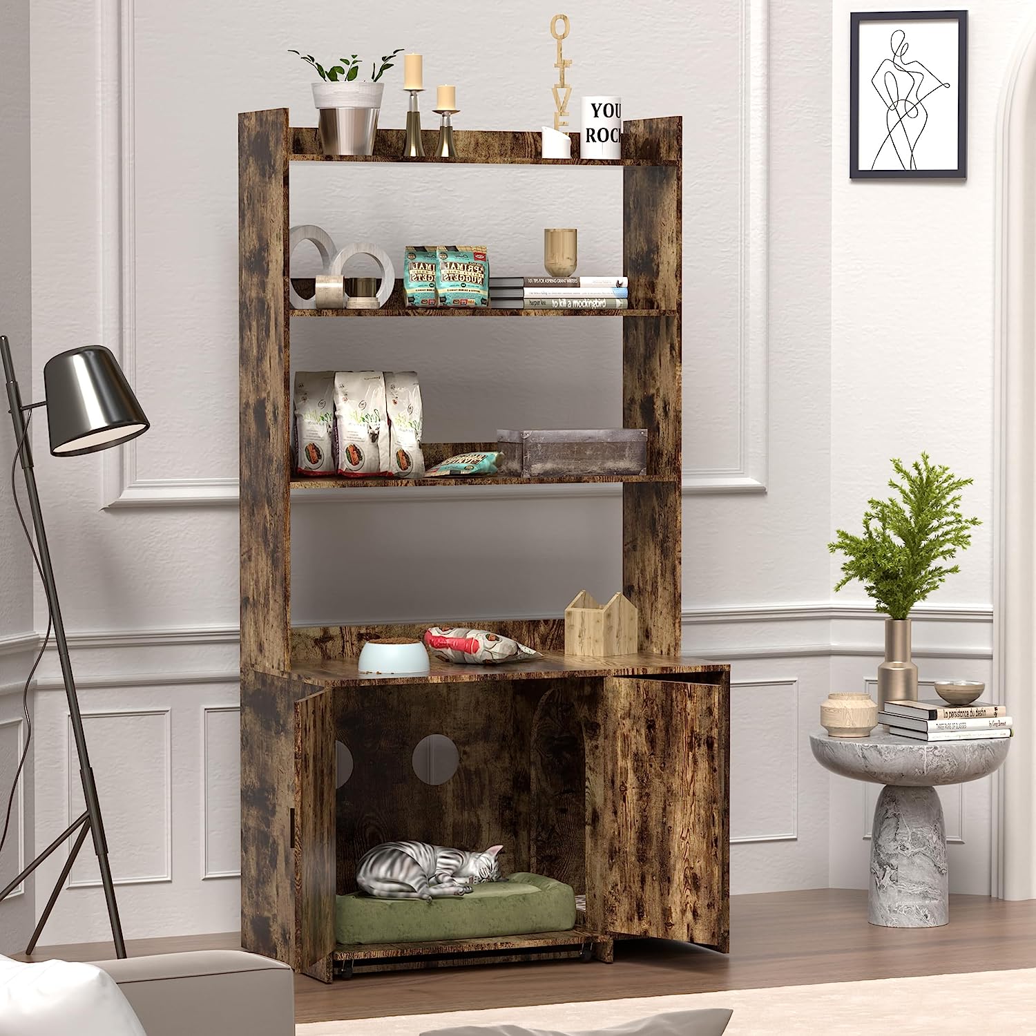 Litter Box Enclosure with 3 Shelves and Doors, Litter Box Enclosures