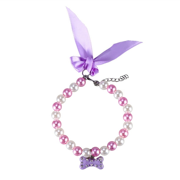 EeaseMX Hermoso collar con colgante de cristal para mascotas, con lazo y perlas (morado claro y blanco, M)