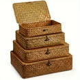thumbnail image 2 of 4-Piece Woven Storage Basket Set with Lids, Seaweed Design Organizer Bins for Shelf Closet Bedroom, Decorative Wicker Home Organization, 2 of 8