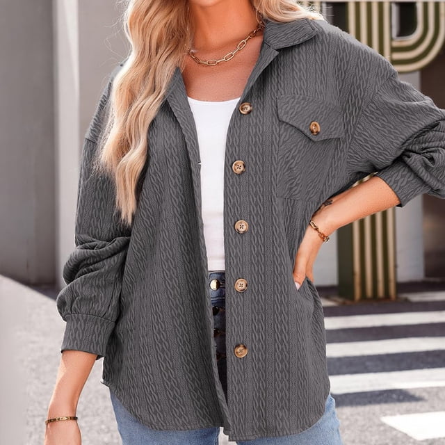 IMENGL Cable knit shacket lightweight long sleeve, Gray 2XL, Size M-2XL