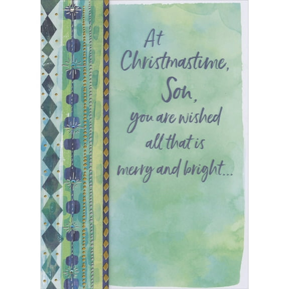 Designer Greetings Vertical Gold and Silver Foil Dots and Diamonds and Gems on 3D Blue, Green and Yellow Banner Hand Decorated Christmas Card for Son