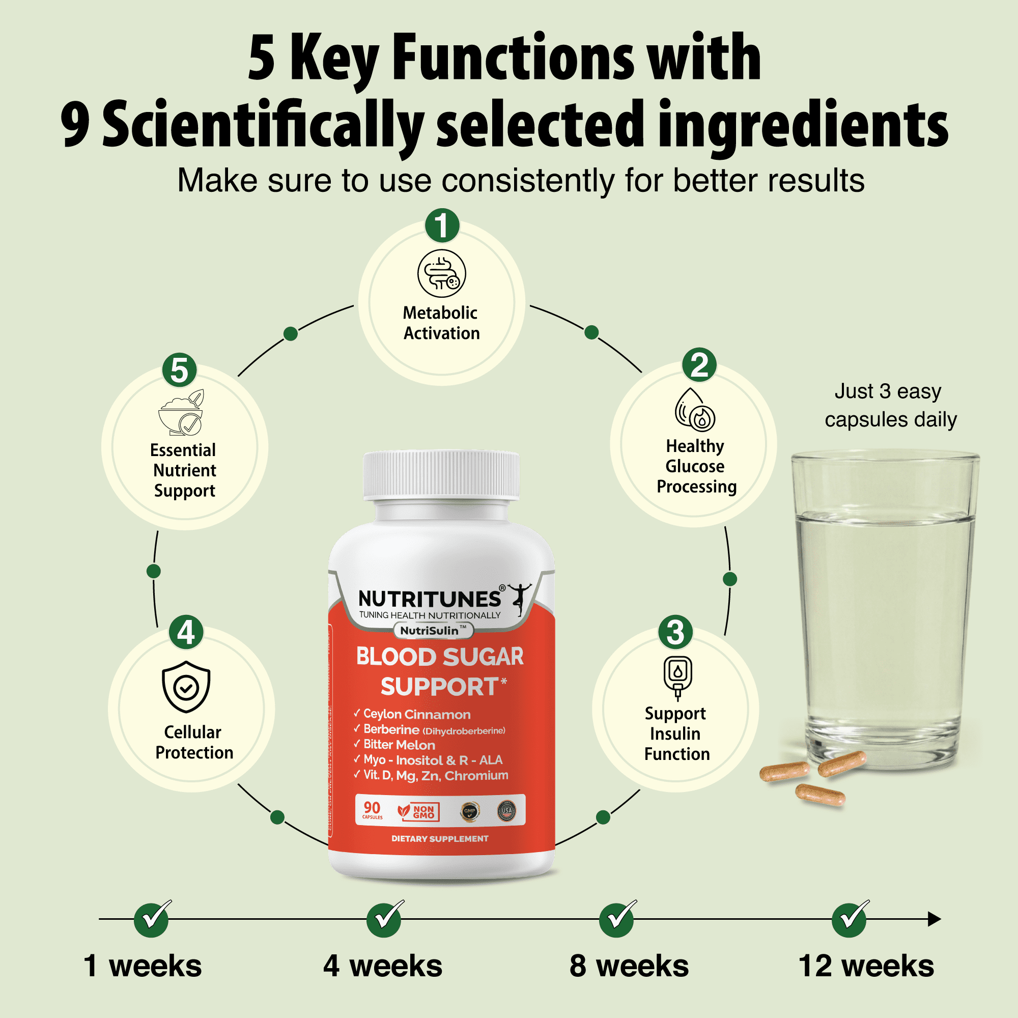 NutriTunes NutriSulin Blood Sugar Support Supplement with Dihydroberberine & Ceylon Cinnamon, 9-in-1 Formula, 90 Capsules