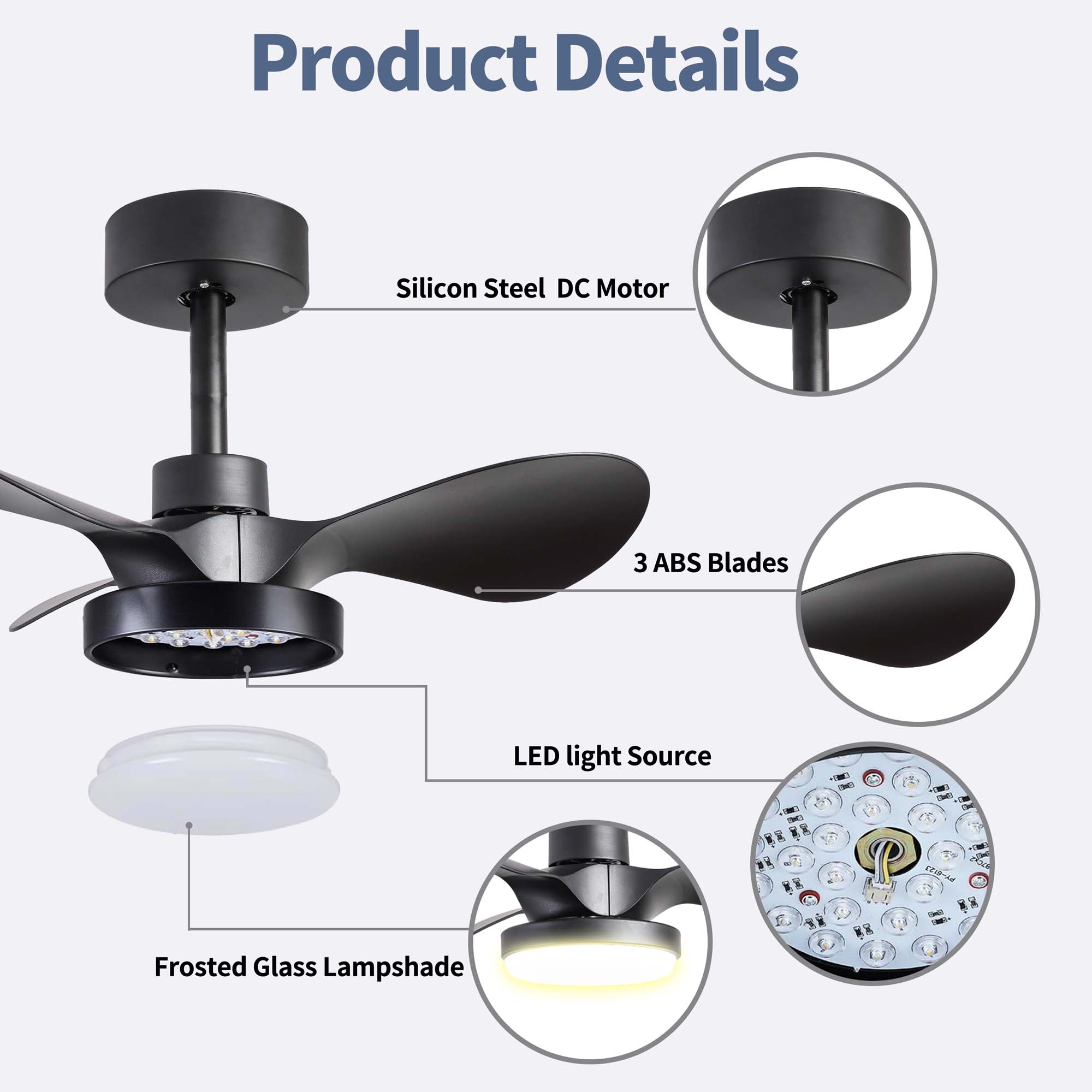 Miniyam 24" Small Ceiling Fan with Light Remote Control, Modern Low Profile black Ceiling Fan, 6-Speeds Quiet Reversible DC Motor for Bedroom, Kitchen