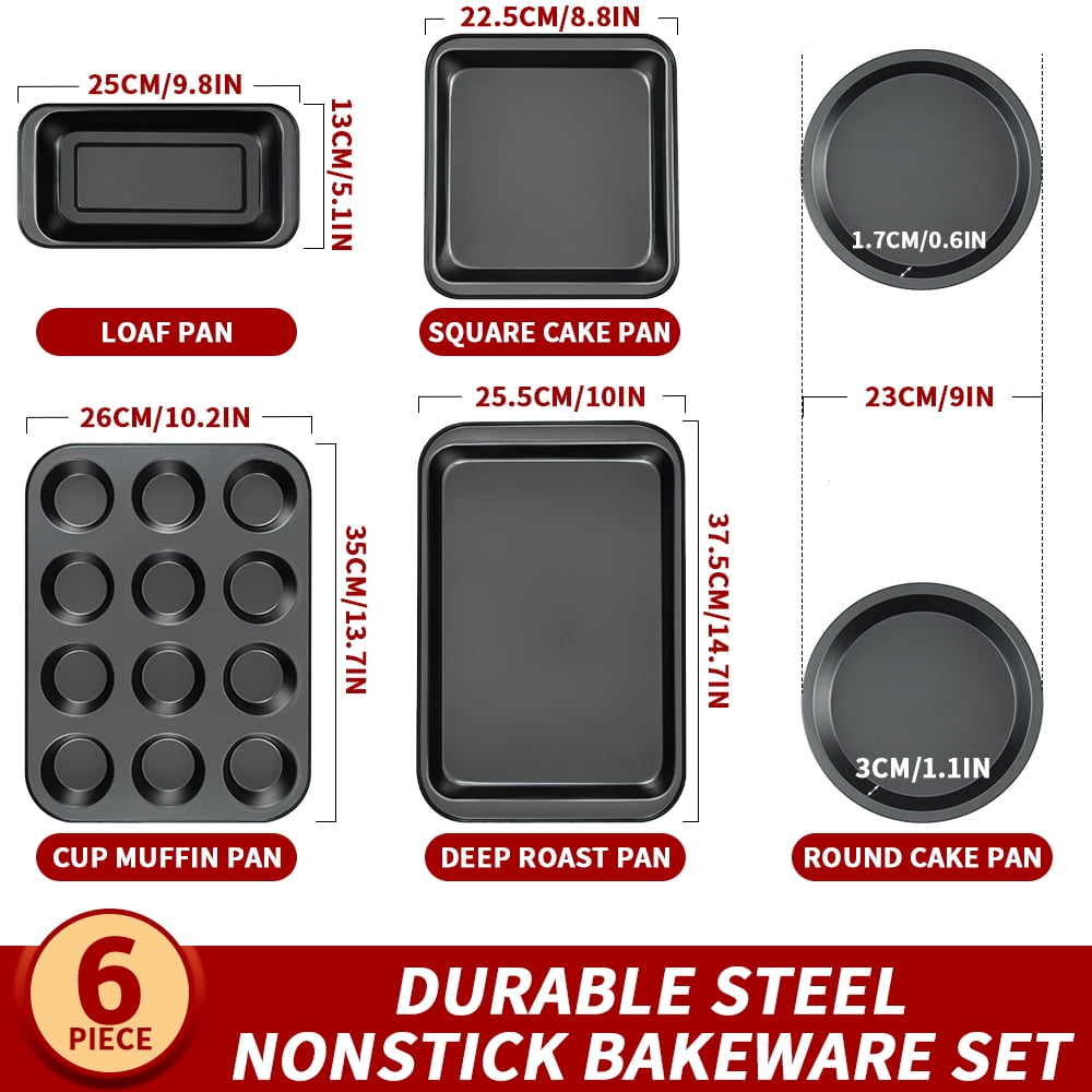 Baking Pans Set, 6-Piece Nonstick Bakeware Set with Cake Pan, Loaf Pan, Cookie Sheet, Kitchen Cookware Pan Baking Sheet Set for Oven Baking Supplies