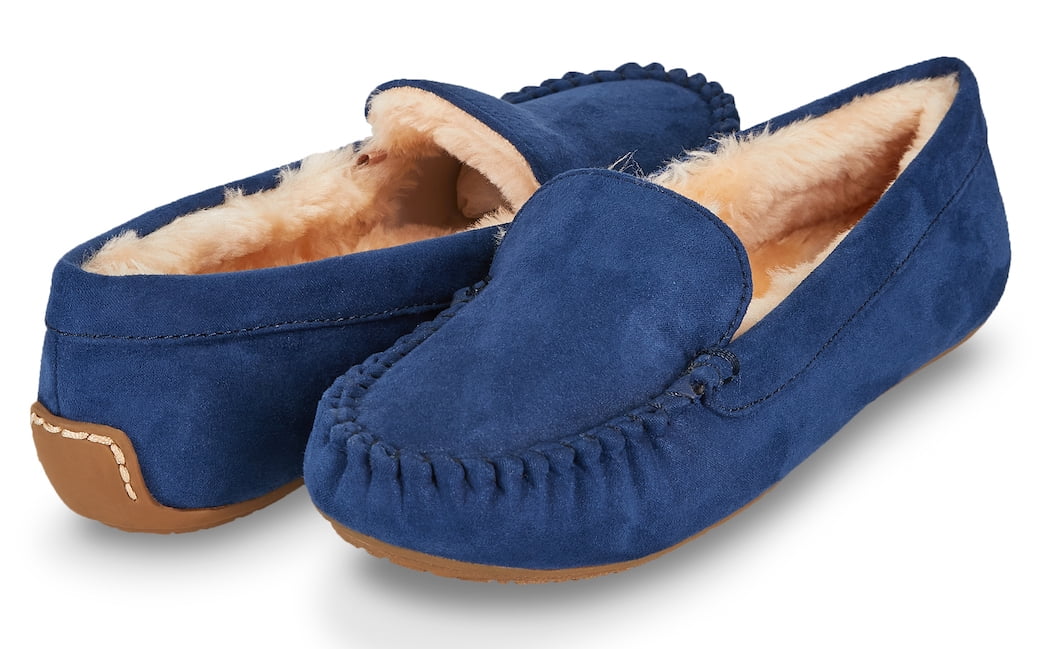Photo 1 of [Size 8] Floopi Womens Indoor/Outdoor Faux Fur Lined Basic Moccasins Slipper W/Memory Foam- Navy