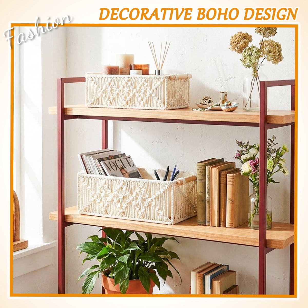 Macrame Storage Basket Set – Handwoven Boho Organizer for Bathroom Countertop, Toilet Tank & Shelves（Set of 2）