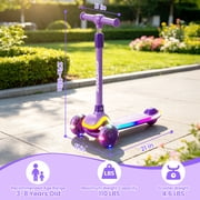 JoyStone Kick Scooter for Kids with LED Light Wheels & Music, 3 Adjustable Height Handlebars, Lean-to-Steer Technology, 3 Wheel Scooter for Toddlers Girls Boys Up to 110 Lbs, Purple