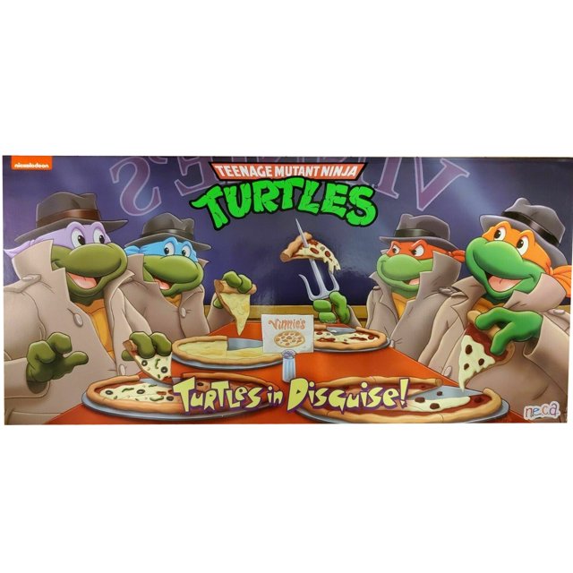 neca teenage mutant ninja turtles: turtles in disguise action figure playset Sin abrir, factory sealed sticker; caja multicolor con ilustración frontal de las cuatro Tortugas Ninja en gabardinas y sombreros alrededor de una mesa comiendo pizza; logotipos Teenage Mutant Ninja Turtles y NECA visibles; playset de figuras de acción para coleccionistas y exhibición.