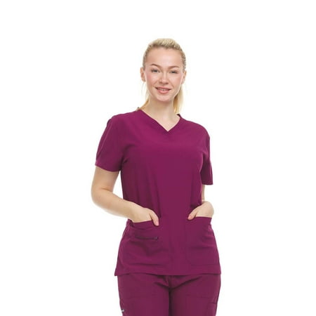 

Heal + Wear Women Scrubs Top V-Neck Short Sleeve Famale Medical with Pockets Regular Fit 4 Way Strech Wine XL
