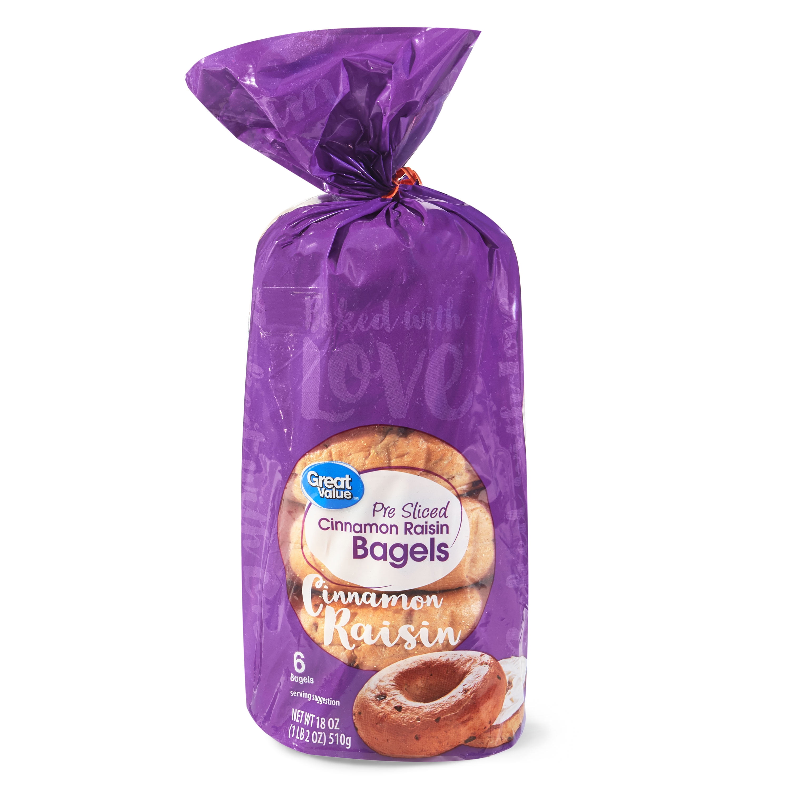 Great Value PreSliced Cinnamon Raisin Bagels, 18 oz, 6 Count