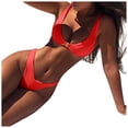 thumbnail image 2 of Minjewel Women's Sexy Solid Color High Waist Bikini Set with Gold Lock Detail, Fashion Swimsuits for Women for Beach, Pool & Summer,Red S, 2 of 8