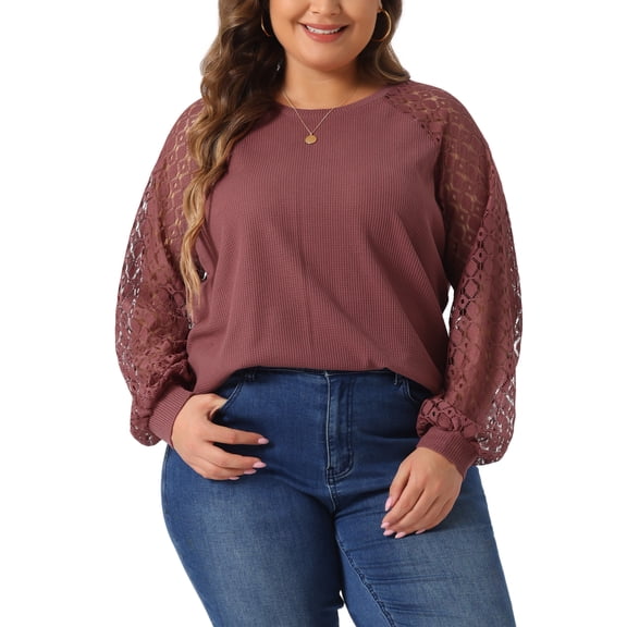 Agnes Orinda Women's Plus Size Tops Lace Crew Neck Long Sleeve Casual Loose Blouses T-Shirts 1X Purple Red