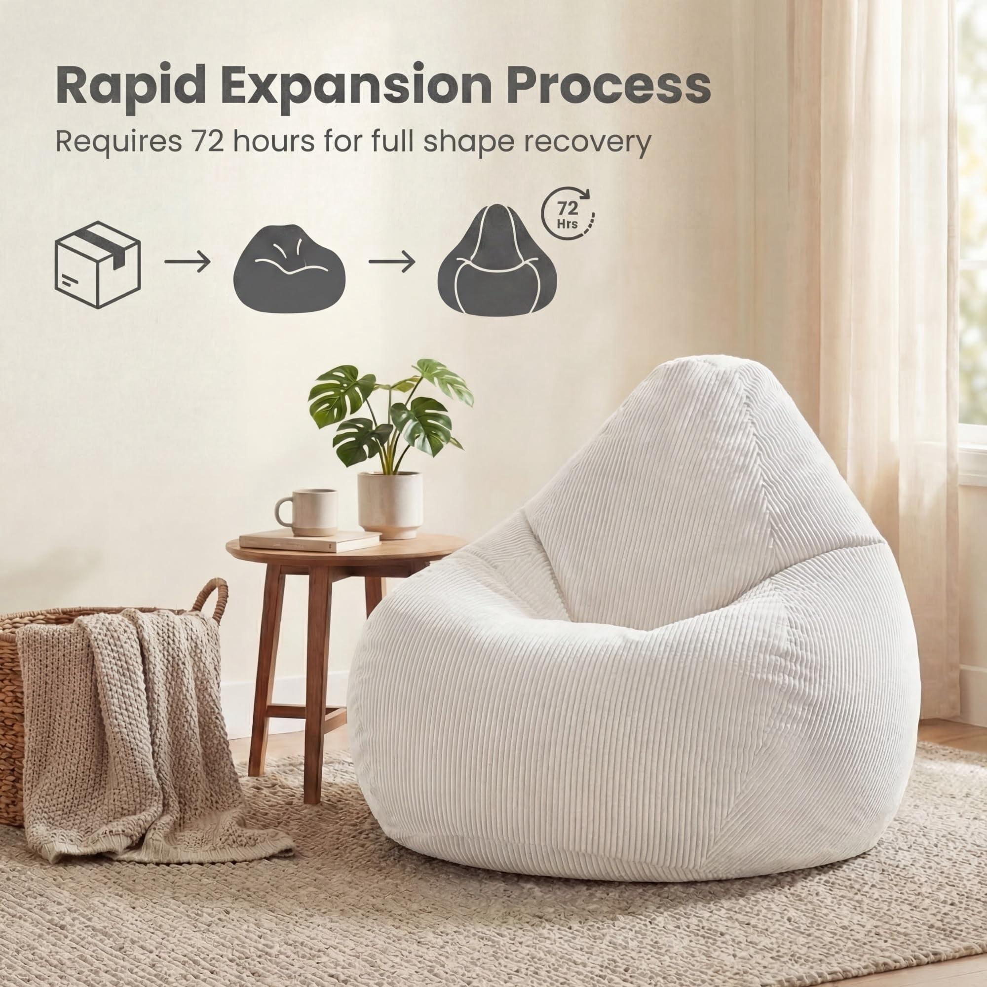 Corduroy Bean Bag Chair for Adults, Comfy Sponge Filling Lazy Sofa for , Soft Lounger for Living Room, Bedroom, Beige