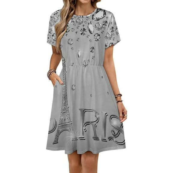 Eiffel Tower Paris Dress Fashion Beach Short Sleeve Dresses Female Party Printed Sundress