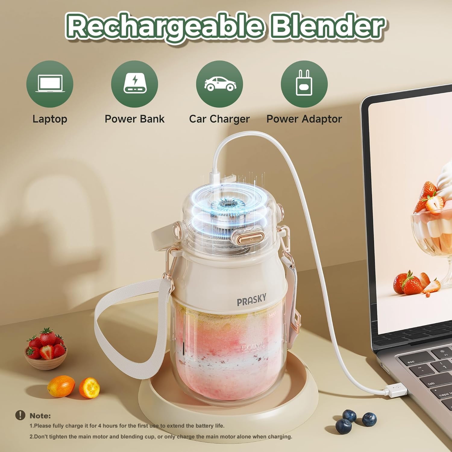 PRASKY 2-in-1 Portable Blender, BPA Free 27oz for Juicer, Smoothies and Shakes (White)