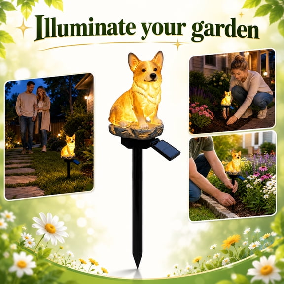Corgi Dog Solar Stake Light, 17.7x5.9 Inch, Outdoor Garden Statue LED Landscape Lighting for Patio & Flower Bed