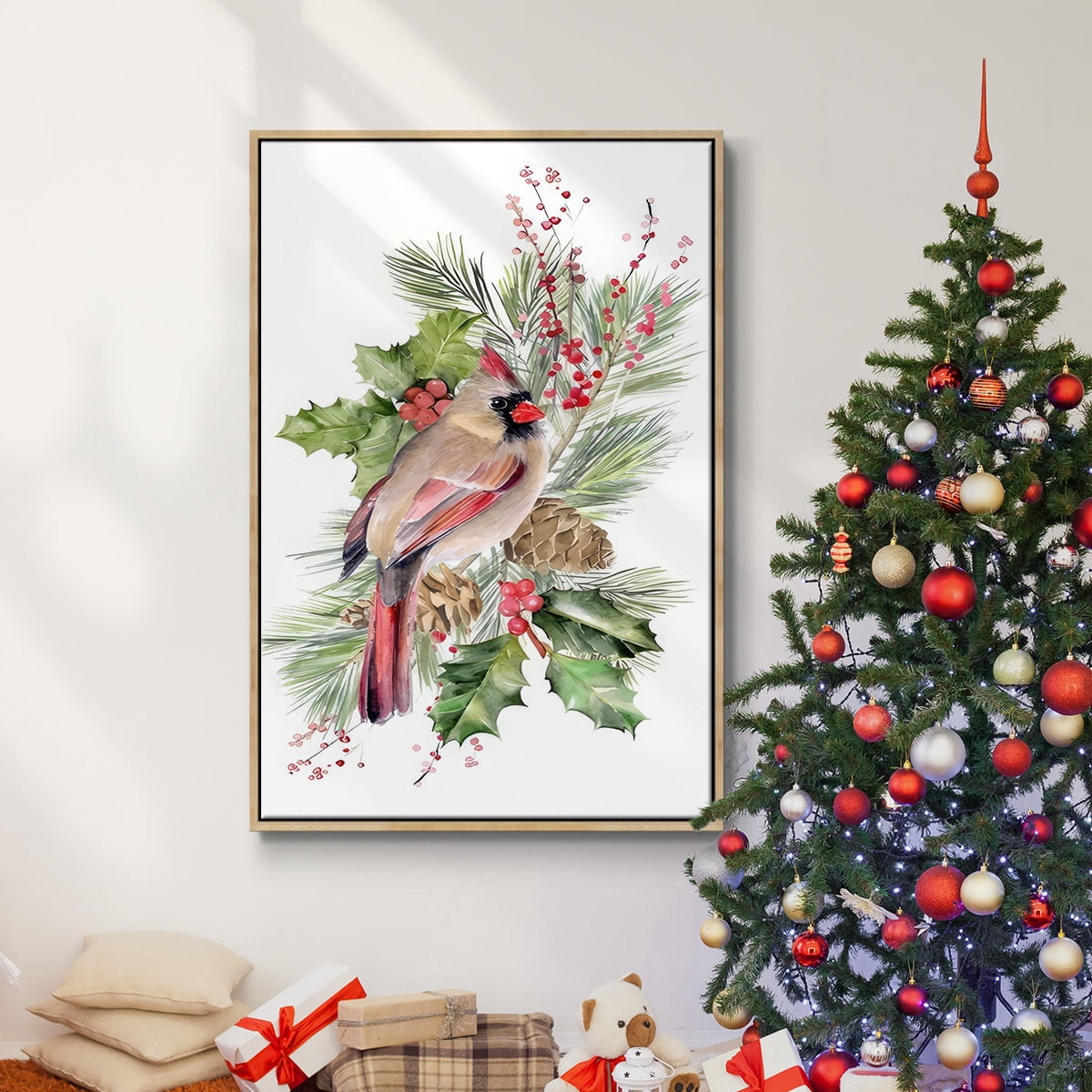 Cardinal Holly Christmas Collection B - Framed Gallery Wrapped Holiday Canvas - 25 x 37 - Natural Wood Frame