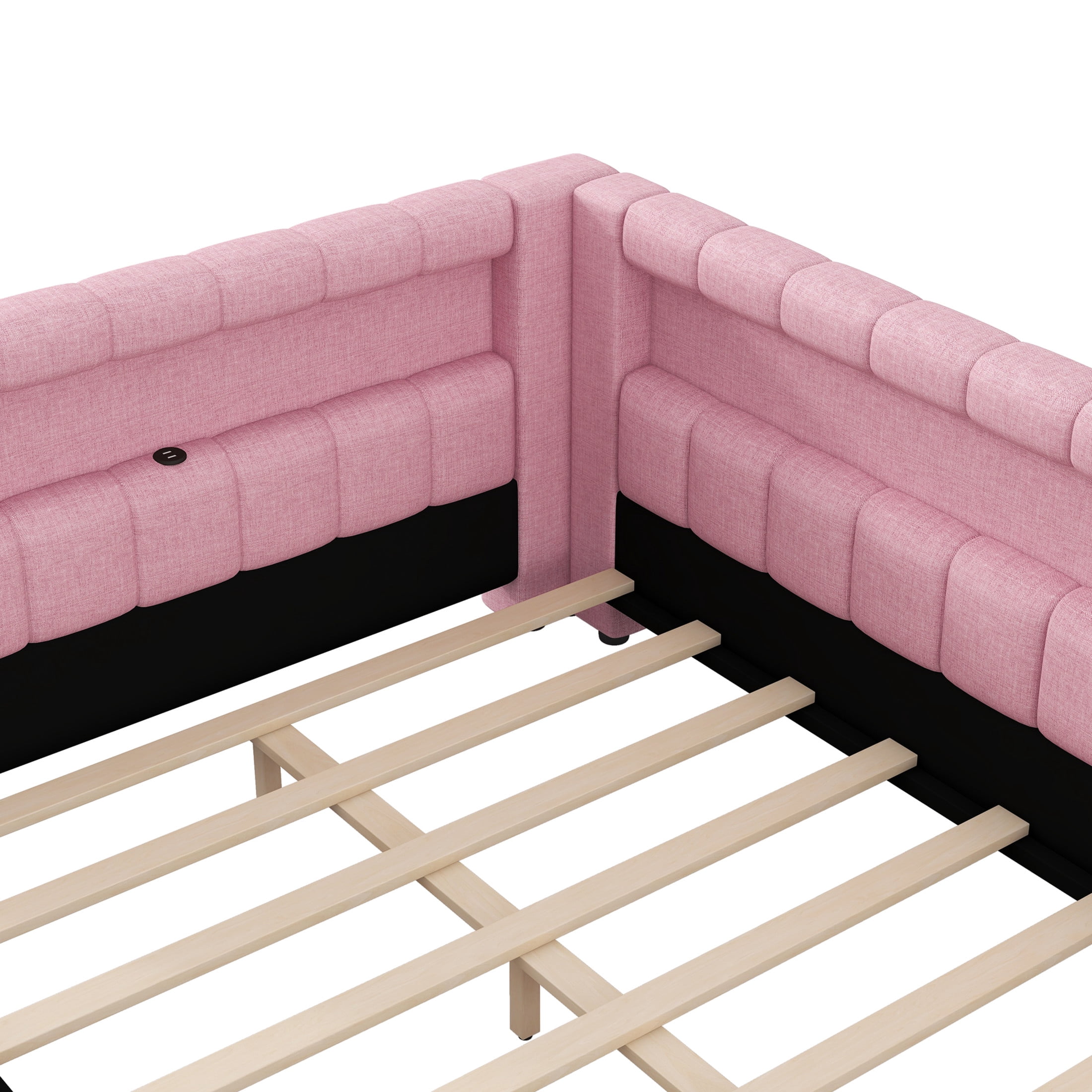 Noble House Dexter Full XL Linen Upholstered Platform Bed with LED Light Belt and USB Ports, Wood Frame, Pink