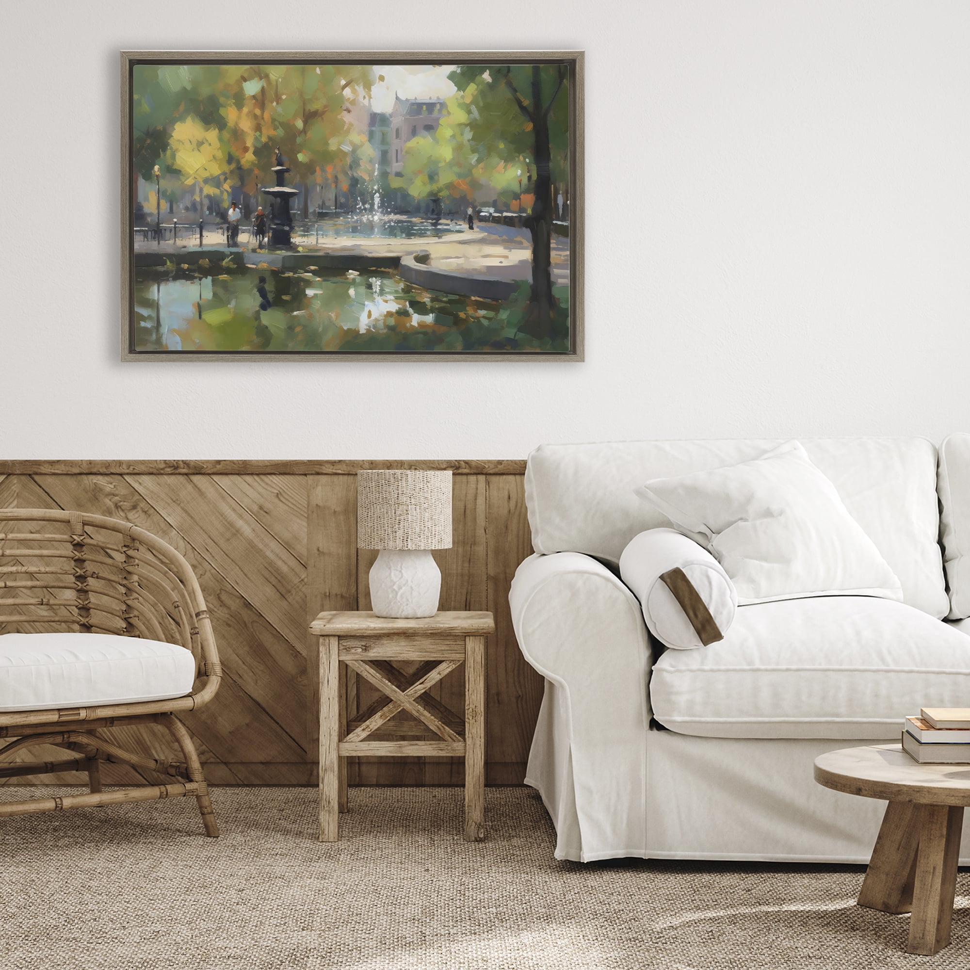 Stupell Industries Autumn Reflections at Park Fountain Brown Framed Floater Canvas Wall Art, design by Creative Studio
