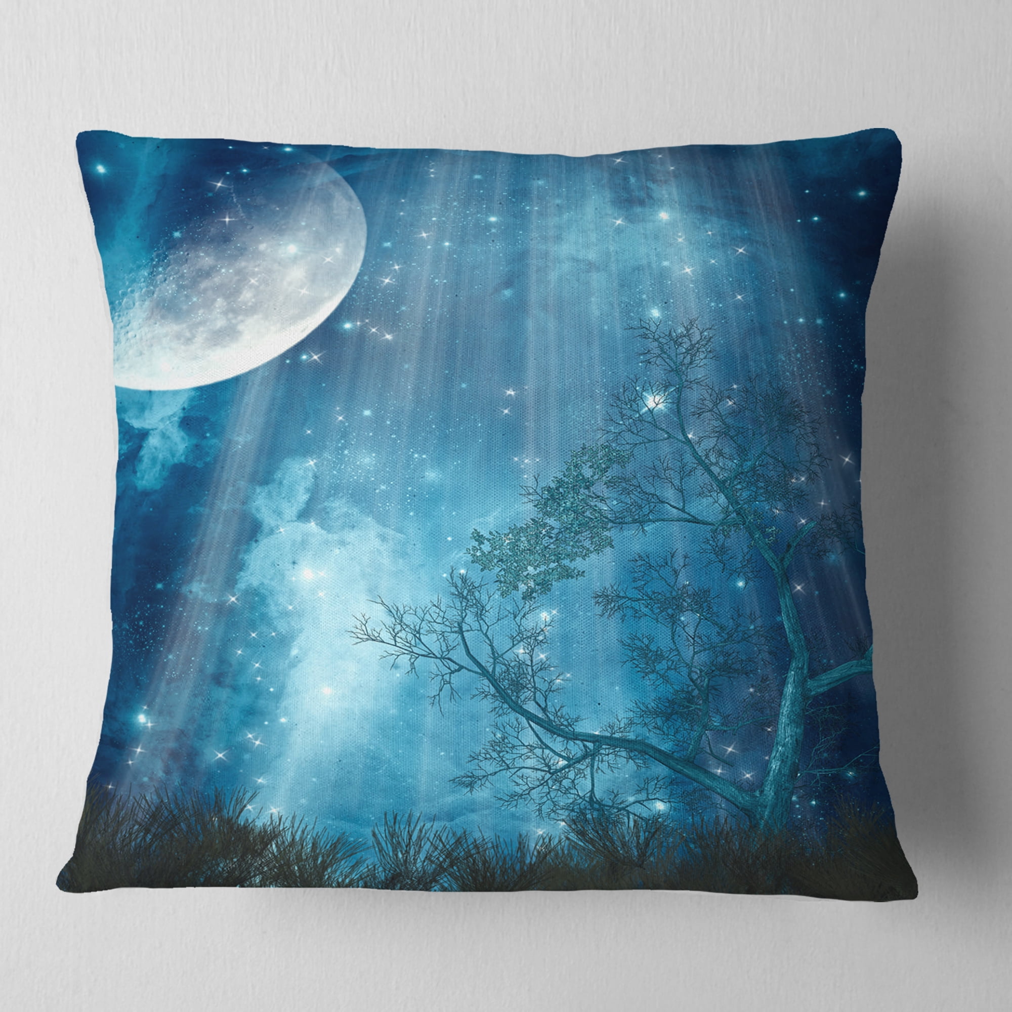 Designart Big Moon in Blue Forest - Landscape Printed Throw Pillow - 18x18