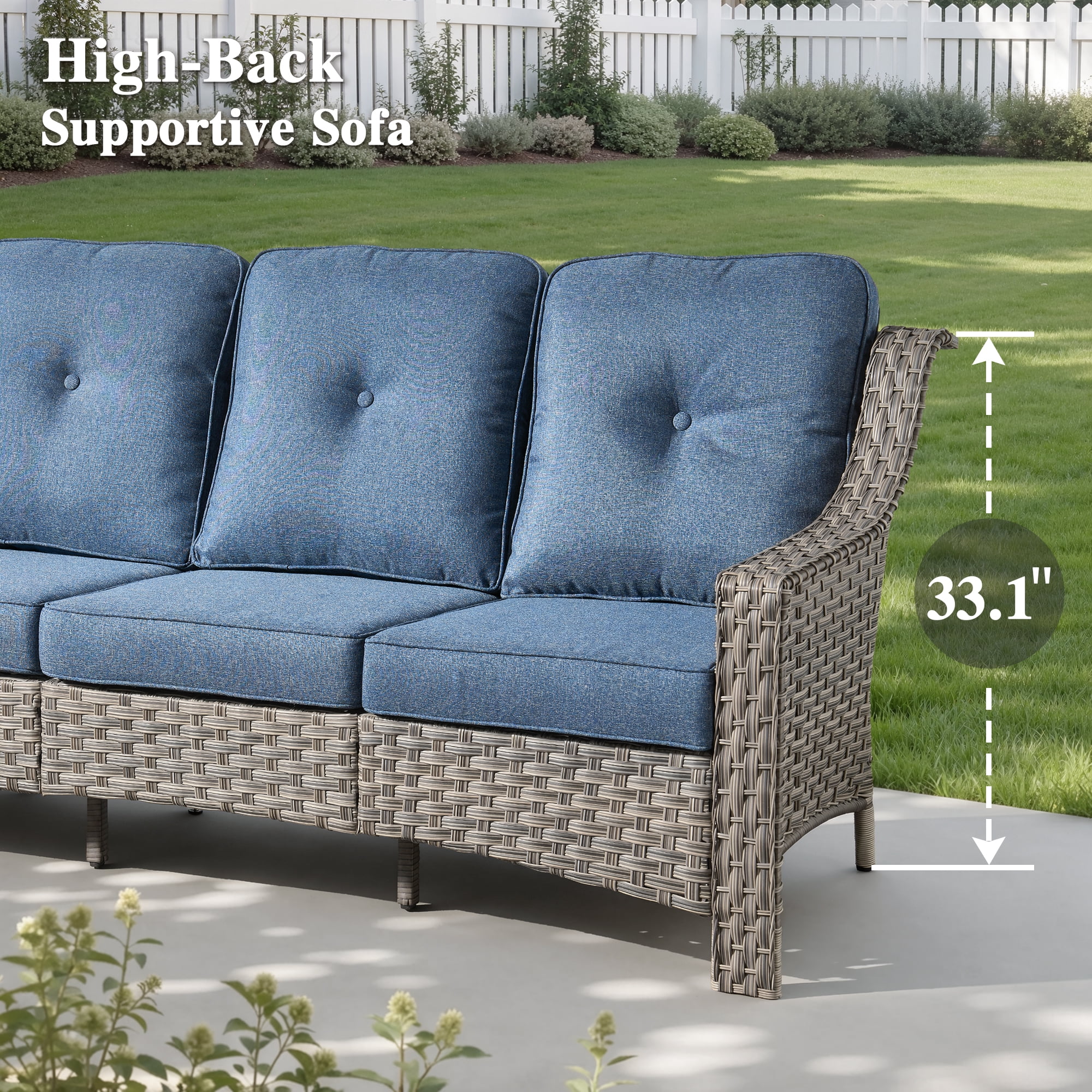 Ovios 4 Pieces Outdoor Furniture Set High Back All-Weather Wicker Patio Conversation Set with Solar Light Coffee Table, Denim Blue