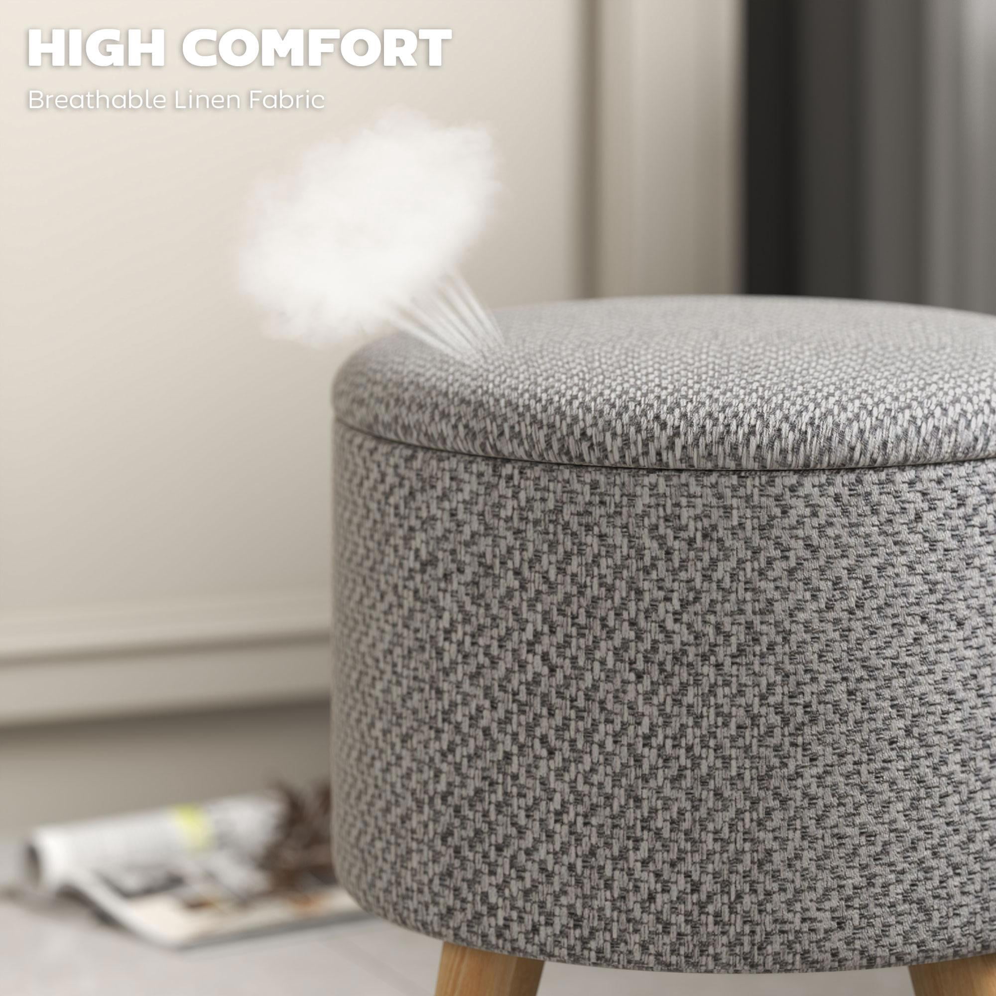 Demi Bonn 15" Round Ottoman Stool with Storage, Linen Upholstered Foot Stool with Padded Seat, Hidden Space and Wood Legs for Living Room, Bedroom, Light Gray