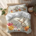 thumbnail image 2 of Easter Rabbit Full Size Comforter Set, Spring Red Orange Pink Floral Plant Newspaper Texture Bedding for All Seasons, 4 Pcs Bed Set, 1Quiltcover (86"x86") ,1Sheet(80"x116"), 2Pillowcases (30"x20"), 2 of 11